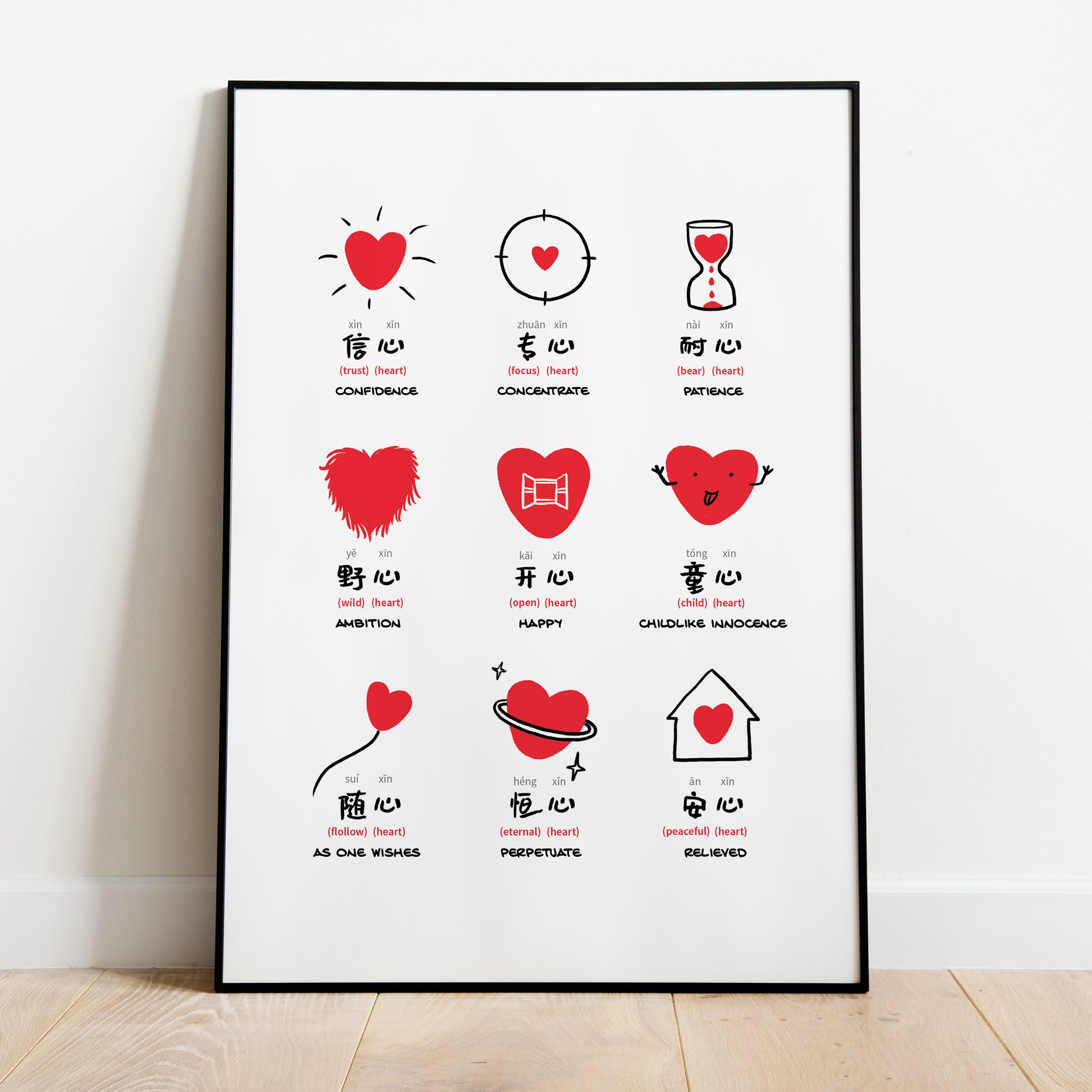 art print with illustrated Chinese words related to "heart"